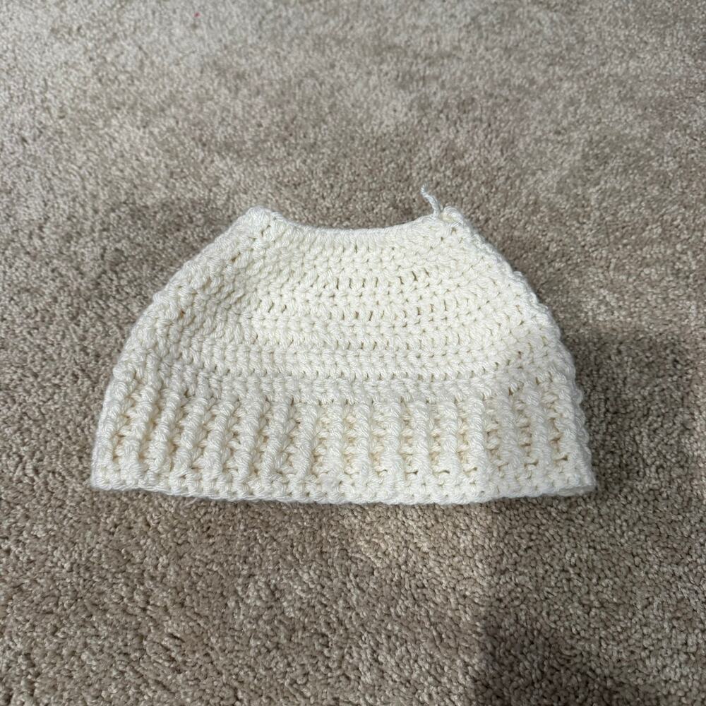 Handmade Crochet Ponytail Beanie Warm Winter Hat Off-White Cozy Grannycore